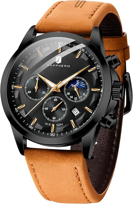 SAPPHERO Chronograph Watches for Men, Original Business Casual Stainless Steel Analog Watch 50M Waterproof Luminous Watches with Date Dial, Mens Gift