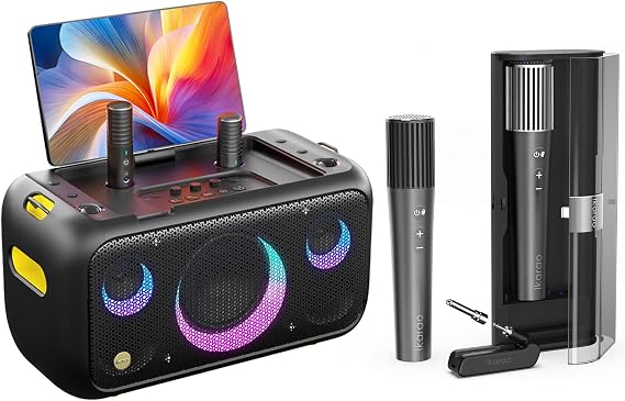 Ikarao Karaoke Machine for Adults with 4 Wireless Mics, 13.3" Lyrics Display, 460W Bluetooth Speaker, Plug & Play Dual Channel Wireless Mic System, 20H Battery, 100ft Range for Home Party & Church