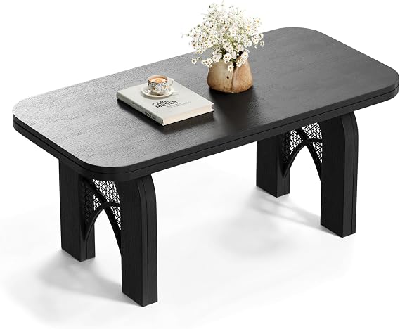 Boho Coffee Table for Living Room, 39" Rattan Coffee Table with Arched Cane Legs, Mid Century Modern Rectangle Wood Center Table for Small Spaces & Apartment,Black