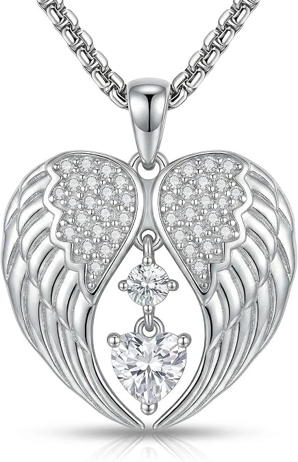 Angel Necklace 18K White Gold Plated Delicate Birthstone Angel Wings Pendant Jewelry Gifts for Women Mom Wife