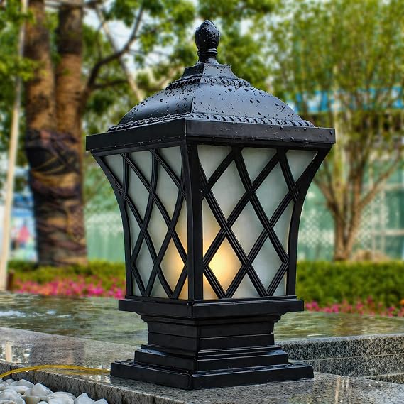 Large Post Lights Outdoor, 24.4 H Aluminum Column Lights Waterproof, Hard Wired Pillar Lights with Curved Glass, Black Post Lantern for Yard Driveway Driveway Entrance Pillars, E26 Base Max 60W