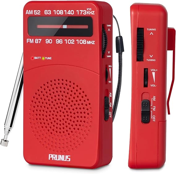 PRUNUS J-166 Portable Radio AM FM, Battery Operated Radio | Tuning Light, Back Clip, Layard, Excellent Reception, AM FM Radios Portable, Transistor Radios