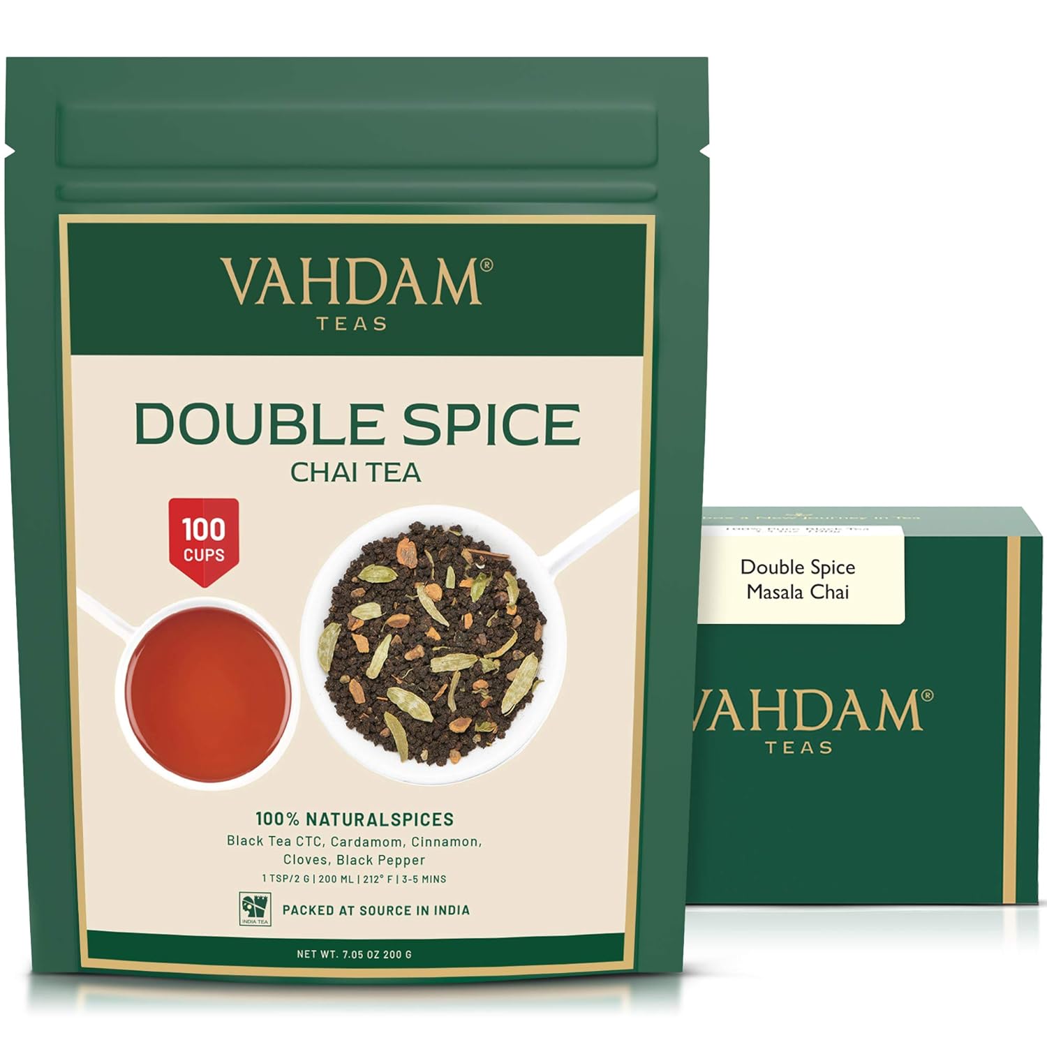 VAHDAM, Double Spice Masala Chai Tea 100 Cups, STRONG &amp; SPICY, 100% Natural Ingredients | ​​Blend of Black Tea, Cardamom, Cinnamon, Cloves &amp; Black Pepper | Brews Chai Latte | Packed at Source| 7oz