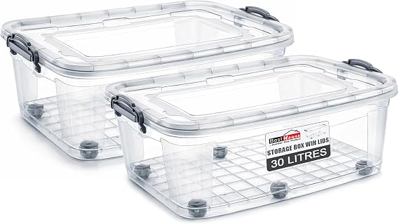 BH | Plastic Storage Box with Lids and Wheels | MEDIUM Size | 30L (L:63.5cm W:40.5cm H:22cm) | Set of 2 | Stackable Clear Durable Multipurpose Office Toys Home Tools Crafts Household - by Best House