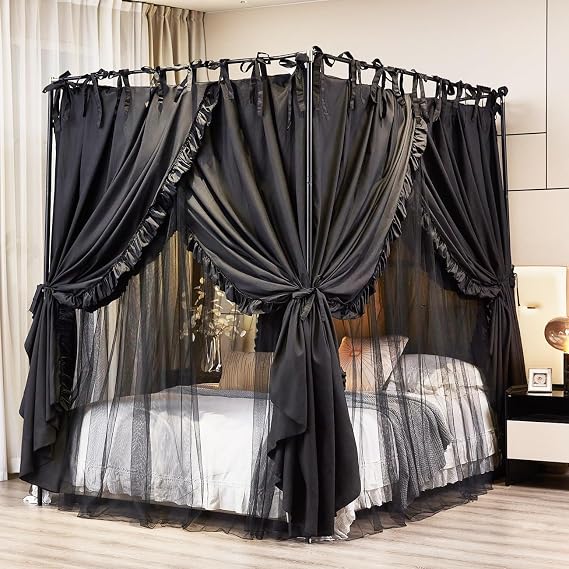 Akiky 4 Corners Post Canopy Bed Curtains Double Layer Cozy Drape Netting 4 Opening Mosquito Net Mesh for Girls Bedroom Decoration(Black,Full)