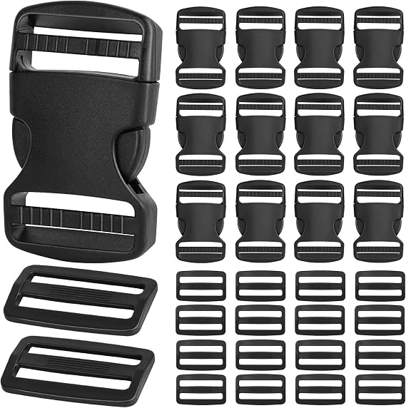 RYKOMO 15 Set 1.5 Inch Side Release Buckles Plastic Clips 30 PCS Tri-Glide Slides, Heavy Duty Dual Adjustable Plastic Buckle No Sewing Black Buckle Replacement for Backpack Luggage Strap Pet Collar