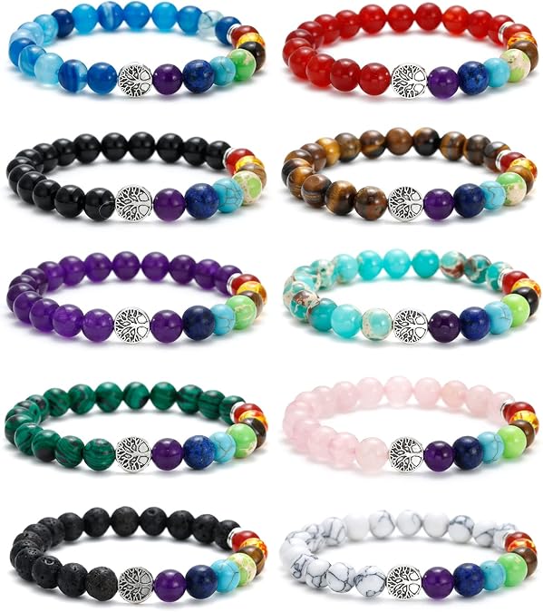 BOMAIL 10Pcs Tree of Life Semi Precious Stone Beaded Bracelet for Women Men