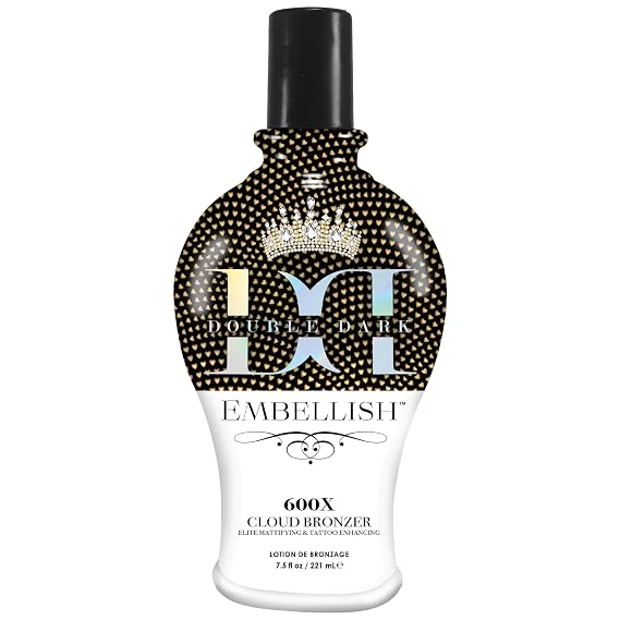 Brown Sugar Double Dark Embellish 600X Bronzer Tanning Lotion, 7.5 Fl Oz | Double dark DHA bronzing with mattifying complex, copper peptide & hyaluronic acid for a matte airbrushed look, Apricot scent