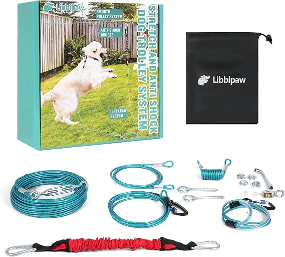 Dog Runner for Yard with 15 FT Shock-Absorbing Tether, 100 FT