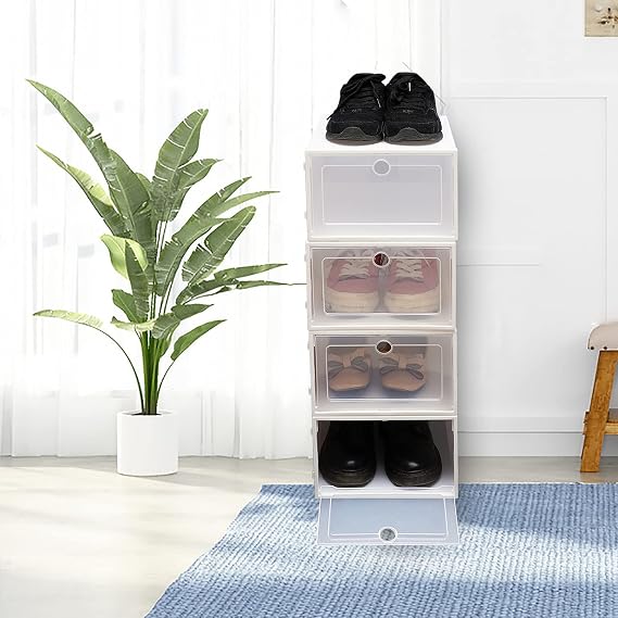20Pcs Clear Plastic Stackable Foldable Shoe Storage Boxes, Front Opening Shoe Sneaker Holder Containers