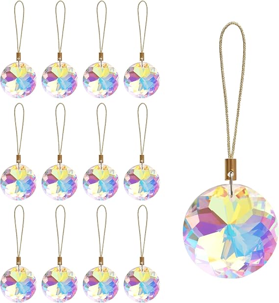 12 Pcs Crystal Glass Christmas Balls Ornaments, 1.18 Mini Round Prism Flower Xmas Tree Decorations, Hanging Ornament for Wedding Party Home Decor (Crystal AB)
