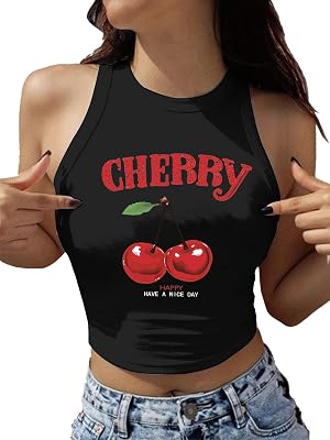 SHENHE Womens Y2k Cherry Tank Top Crew Neck Graphic Fitted Sleeveless Crop Tank Shirt