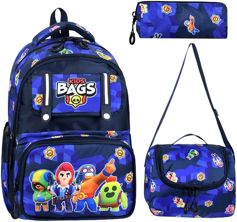 Çok Bölmeli Kids Bags Okul Çantası, Beslenme Çantası ve Kalemlikli Üçlü Set, Mavi