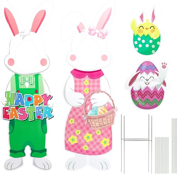 4PCS Easter Bunny Face Yard Sign Decoration Large Bunny Chick Lawn Sign Spring Egg Hunt Chick Holiday Easter Yard Decor for Egg Hunt Photography Spring Outdoor Lawn Garden Decor