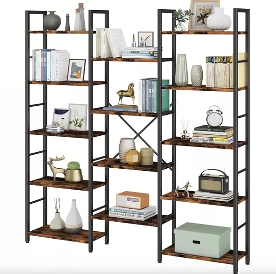Triple Wide 5-Tier Bookshelf, Rustic Industrial Style Bookcase with 14 Shelves, Wood and Metal 5-Shelf Etagere Large Open Bookshelf for Bedroom, Living Room, Home & Office, Vintage Brown