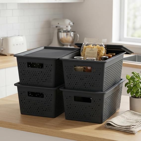 Deconox Seul Çok Amaçlı Kapaklı Saklama Kutusu - Şık ve Dekoratif Dolap İçi Organizer Düzenleyici (4 L / 12 L / 20 L Boy Seçenekli) 3 Renk (SİYAH, 4 LİTRE)