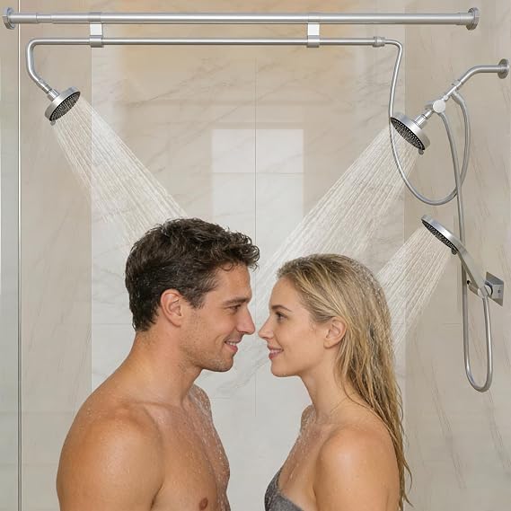 Double Shower Head with Handheld, Dual Shower Heads for Couples (43-78.7" Adjustable), High Pressure 3-Way Diverter Tandem Shower System for Two, Brushed Silver