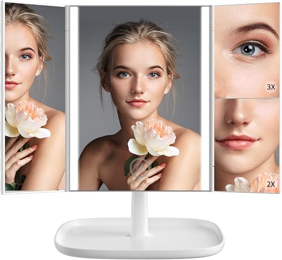 Makeup Vanity Mirror with Lights, 3 Color Lighting Modes 52 LED Trifold Portable Mirror, 1X 2X 3X Magnification, Touch Control, Dual Power Supply, 360 Degree Adjustable Stand