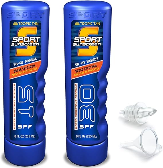 GoPong Sport Bottle Sunscreen Flask 2 Pack (16 oz Total) - Hidden Alcohol Travel Flasks - Secret Liquor Containers for Beaches, Cruises, and Sports Events Includes Funnel & Spout