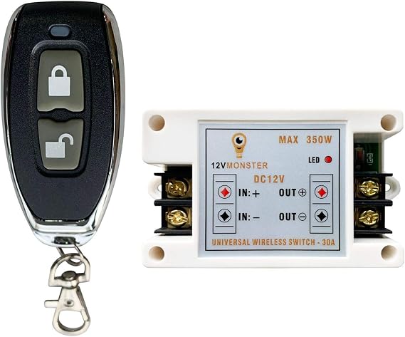 DC 12V LED Heavy Duty 30A Latching Function Single Channel Remote Control Wireless On Off Switch Controller Set - Remote Wireless Receiver Handles Up to 350W on Low Voltage DC 12 Volt Sleek Black FOB