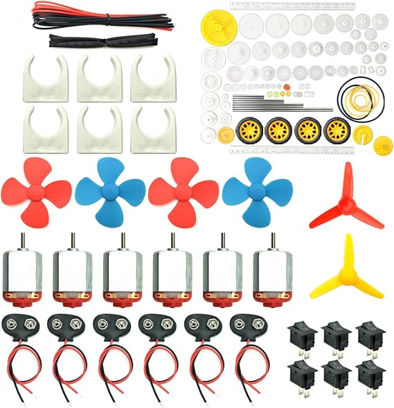 6 Set DC Motors Kit, Mini Electric Hobby Motor 3V -12V 25000 RPM Strong Magnetic with 86Pcs Plastic Gears, 9V Battery Clip Connector,Boat Rocker Switch,Shaft Propeller for DIY Science Projects