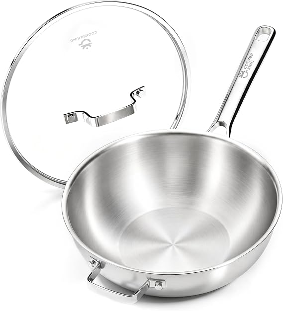 COOKER KING 11" Wok Pan with Lid, Stainless Steel Deep Skillet for Stir-Fry