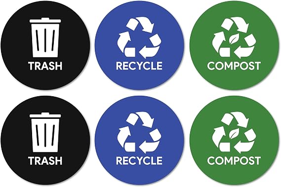 Sutter Signs 6pk Trash Compost Recycle Stickers for Trash Bins, 4" Round