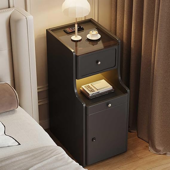 Nightstand, Solid Wood, LED Sensor Light, bedside side table with Tea-colored Glass Top, night stand Ideal for Small Spaces, Optional Smart Wireless Charging and Fingerprint Lock(Black,B_11.8I