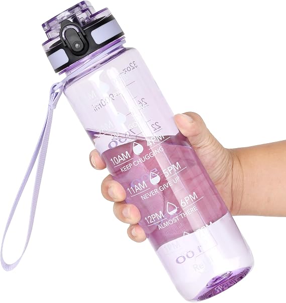 OLDLEY Water Bottle, 32oz Motivational Sports Water Bottle with Time Marker - Times to Drink - Tritan, BPA Free, Wide Mouth Leakproof,Amethyst
