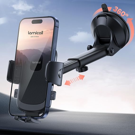 Lamicall Car Phone Holder Military-Grade Suction Cup Dashboard Windshield | 360 Rotation Phone Holders for Your Car, Quick Release Adjustable Phone Mount for Car Truck for iPhone 17 16 15 14 Pro Max