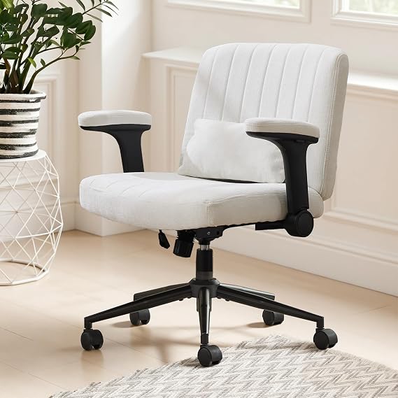 Criss Cross Legged Office Chair with Wheels and Flip-Up Arms, PU Leather Adjustable Swivel Vanity Chair, Wide Seat for Home Office, Computer Task, Desk & Makeup (Chenille Beige)