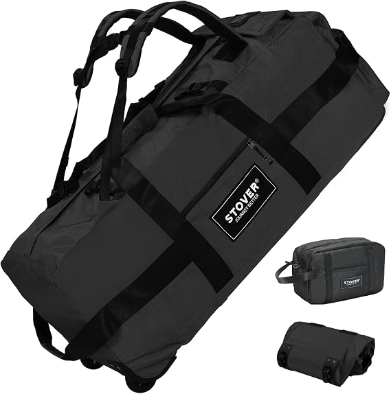 STOVER 45/80/100L Rolling Duffel Bag with Wheels, Large Durable Travel Duffle + Toiletry Bag, Heavy Duty, Packable, Foldable with Shoulder Straps- Use as Luggage or Backpack, Men/Women (Black)