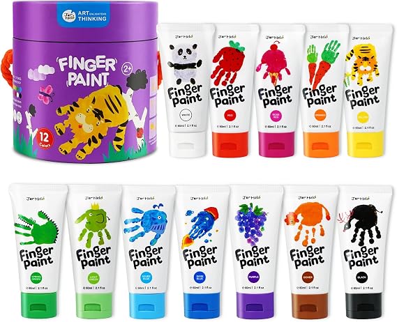 Jar Melo Washable Finger Paints for Toddlers, 12 Colors Large Capacity (2.1fl oz), Non Toxic Baby Paint for Hand and Feet, Safe Art Supplies, Preschool Learning Gifts for Kids Age 2+