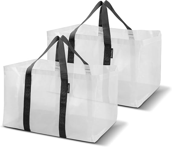 CleverMade Reusable Grocery Bag XXL 76L, Heavy Duty Storage Basket Tote 2-Pack, Extra Large Utility Shopping Bags with Handles, Open Top Bag, Laundry, Storage, Delivery, Beach Tote, Transparent