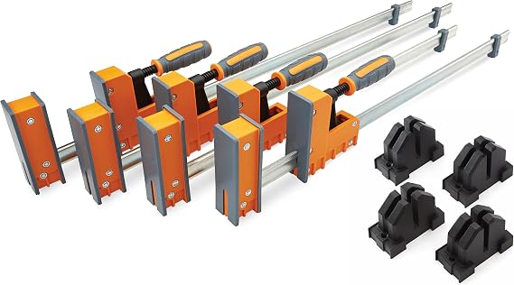 Bora Parallel Clamps Woodworking Set, 8 Piece - 1100 Lbs | 2x 24 in and 2x 40 in bar clamps, 4 clamp blocks, 3.5 in padded jaw, 500 kg clamping force, heavy duty