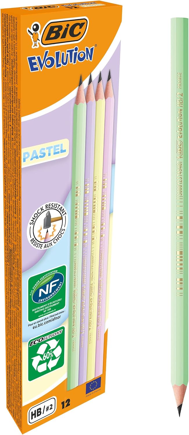 BIC Evolution Pastel Pencil, 12-Piece Box, No Splinters, Chew Resistant, Easy to Open