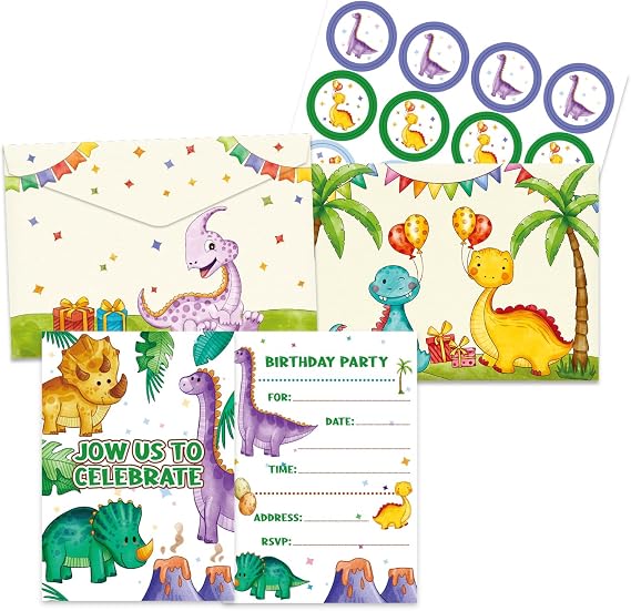Dinosaur Birthday Party Invitation Kit 12 Invitation Cards, 12 Envelopes & 12 Seals | Kids Dinosaur Theme Birthday Invitations | Party Supplies for Boys & Girls