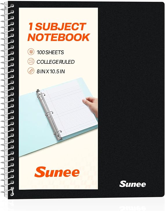 SUNEE Spiral Notebook, 1-Subject, College Ruled Paper, 8" x 10-1/2", 100 Sheets per Notebook, 3-Hole Punched Paper, Water Resistant Cover, Double-sided Pockets, Spiral Lined Notebooks for Work, Black