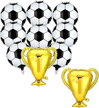 10PCS Championship Trophy and Soccer Foil Balloons Set for Birthday, Baby Shower, Wedding Anniversary, Soccer Themed Party Decoration