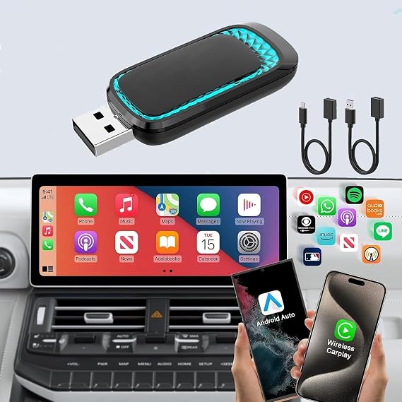 Android Auto Wireless Adapter and Wireless Carplay Adapter 2024 Upgrade,Plug & Play Apple Carplay Dongle Converts Factory Wired to Wireless CarPlay Adapter for iPhone with USB-A to USB-C/USB-A Cable