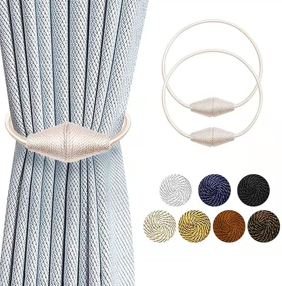 Magnetic Curtain Tiebacks with Upgrade Larger Magnet, 2 Pack 18in European Style Convenient Curtain Holdbacks Decorative Tie Backs for Drapery Holdbacks Clips for Indoor & Outdoor Curtains (Beige)