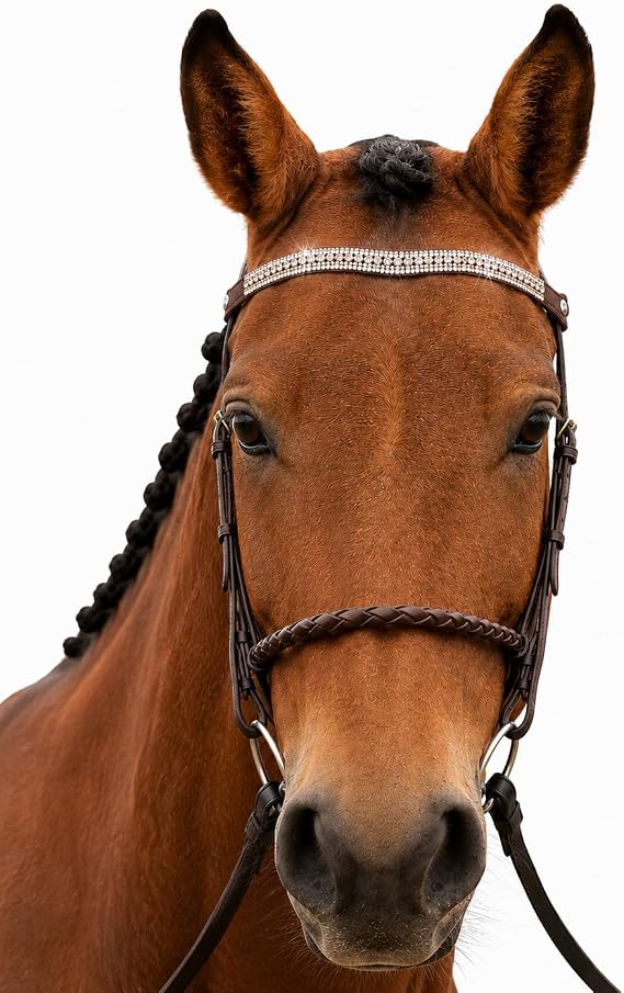 Saddlesworld Fancy Brown Leather Center Pink Pearl with Clear Crystals Browband - Cob Size