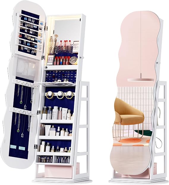 Lvifur 360 Swivel Jewelry Cabinet with Lights,LED Jewelry Organizer with Full Length Mirror, Lockable Wavy Mirror Jewelry Cabinet Standing with Rear Storage Shelves,Makeup Tray,White