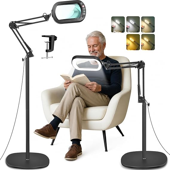 IVMAIE 10X Magnifying Glass with Light and Stand, 3-in-1 Magnifying Floor Lamp with Clamp, 5 Color Modes LED Dimmable Standing Magnifier with Light Hands Free for Close Work, Sewing, Painting, Reading