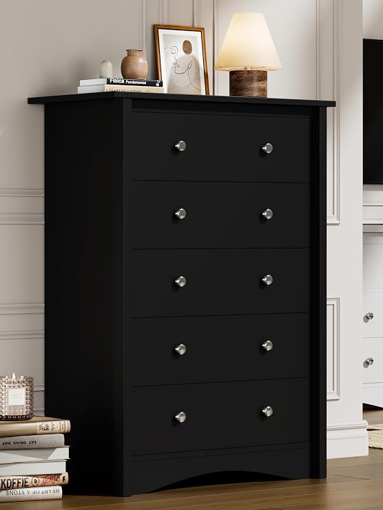 Flamaker Tall Dresser for Bedroom, 5 Drawer Dresser, Wood Dressers, Wide Chest of Drawer, Storage Drawers, Storage Organizer for Closet, Hallway Black