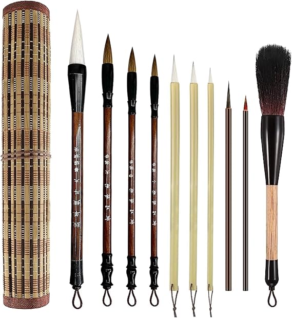 10-Piece Chinese Calligraphy Brush Set - Premium Writing Brushes with Roll-up Bamboo Brush Holder