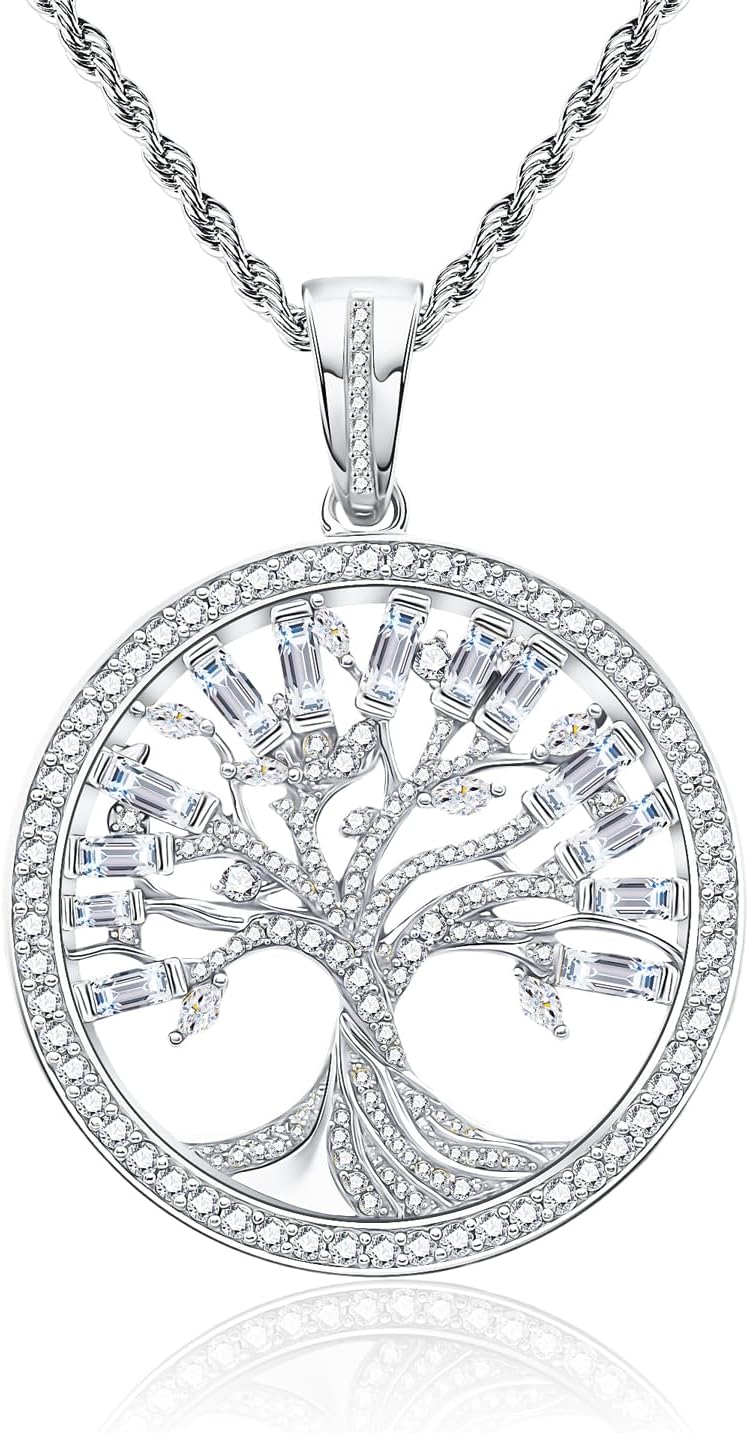 HELLOICE Iced Out Tree of Life Pendant Necklaces Hollow Round and Baguette Cut Pendant With 3mm 24inches Rope Chain Gift for Woman and Men