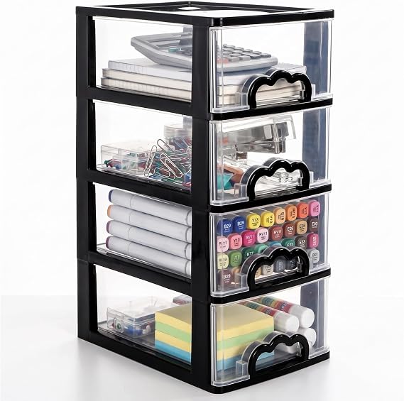 Cididu Desktop Organizer with 4 Drawers, Clear Plastic Storage Drawer Unit, Small Desk Organizer Storage Box, Durable Storage Bin Container Case for Countertop Stationery Pens Makeup Office Supplies