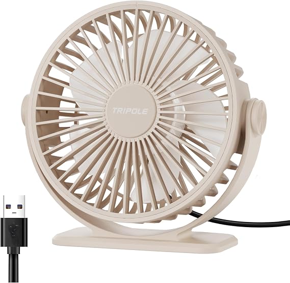 TriPole USB Desk Fan Small Portable, 360 Rotation Quiet Mini Personal Fan | Beige, 3 Speeds Plug In USB Fan, Desk Fans Small Quiet, 4.9ft Cable, Strong Breeze for Desktop Bedroom Office Table Travel