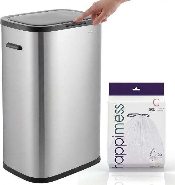 happimess HPM1017A Tammi Kitchen 14.5-Gallon Slim Metal Push Button Trash Can, Fingerprint Resistant, Modern, Minimalistic for Home, Kitchen, Laundry Room, Office, Bedroom, Bathroom, Platinum Silver
